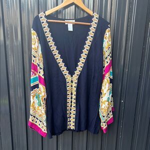 Soft Surrounding Blue 100% Silk Long Sleeve Placket Sweater Blouse 2X Pink Gold